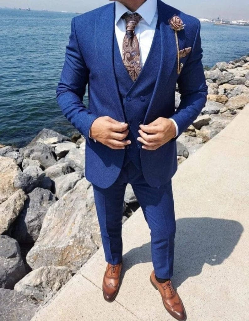 Men's Indigo Blue Slim Fit Vested Suit- Three Piece Suits for Sale – Flex  Suits